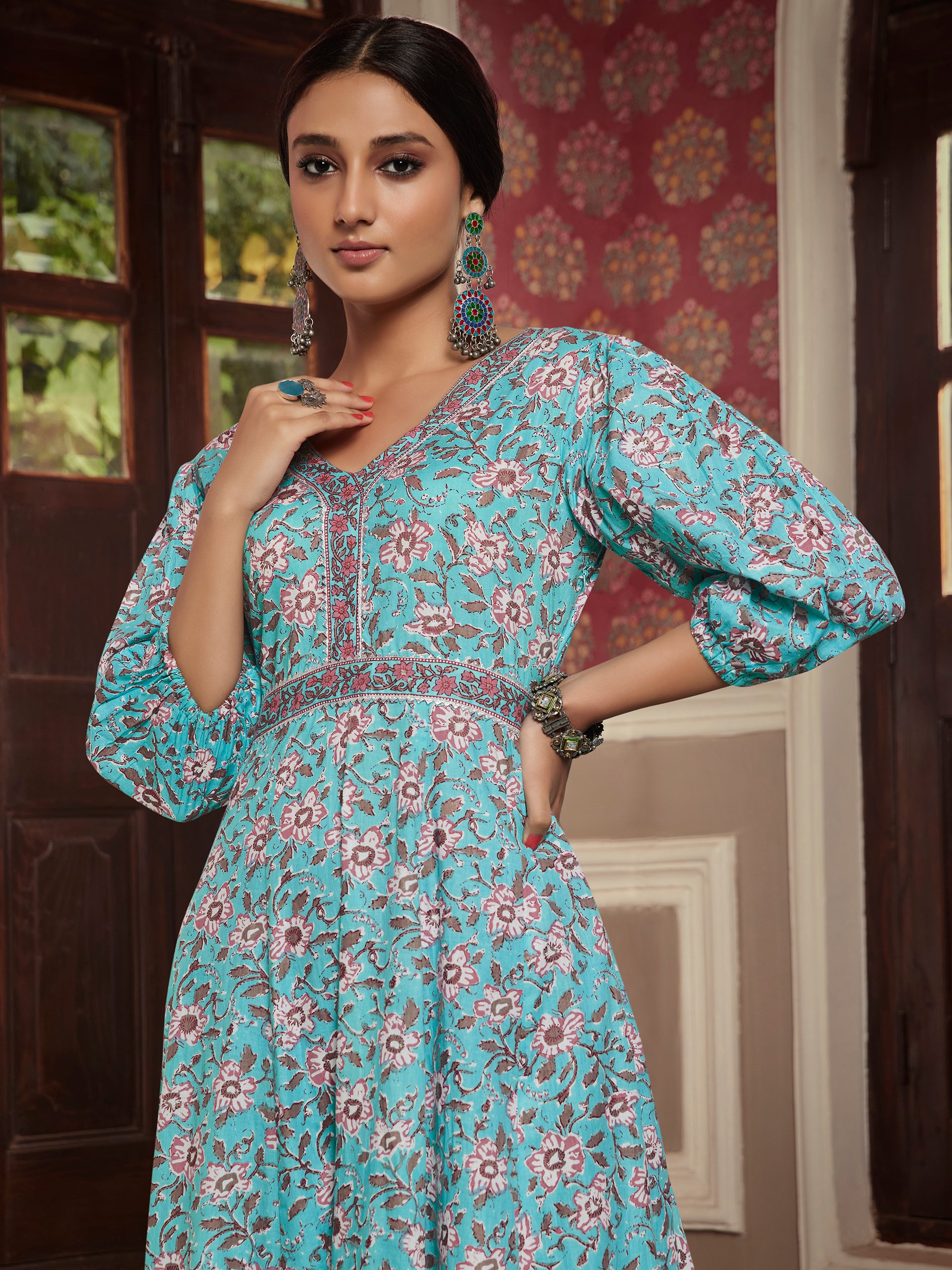 Turkish Blue V Neck Long Dress