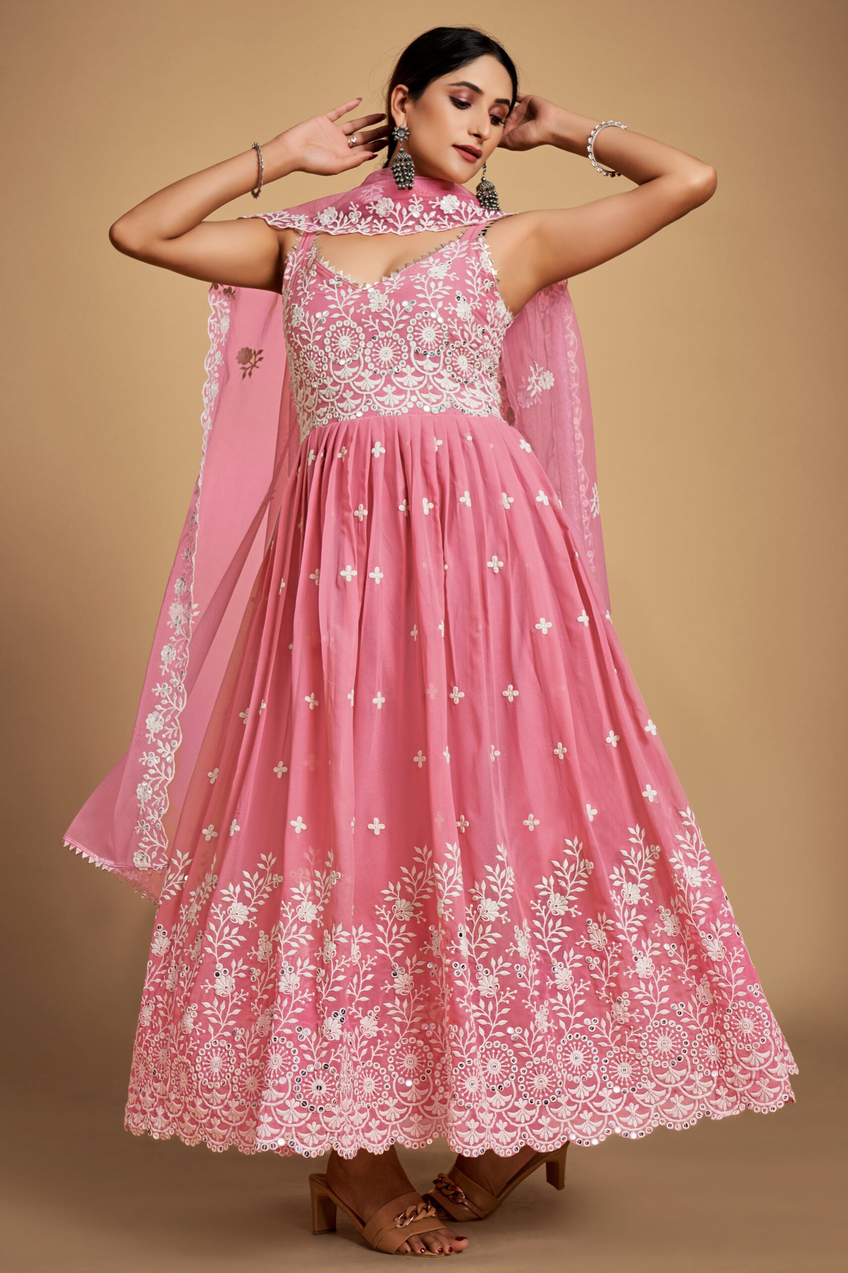 Alluring Drapes Baby Pink Stitched Anarkali