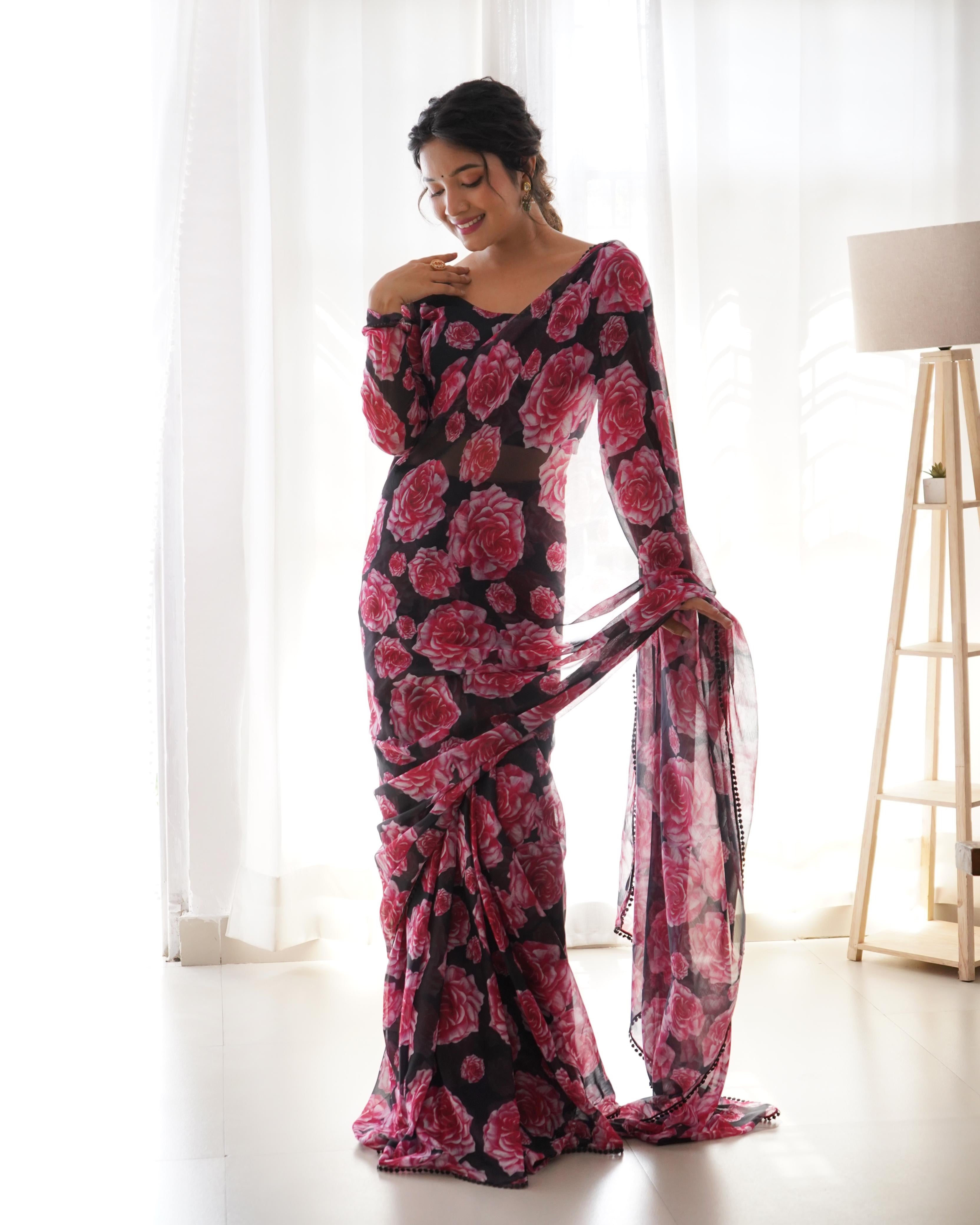 Kashmiri Rose Bliss Soft Chiffon Ready To Wear Saree