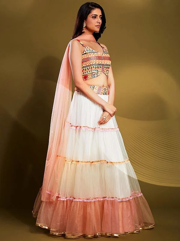 Multifaceted Melody Multi-Color Net Lehenga Set