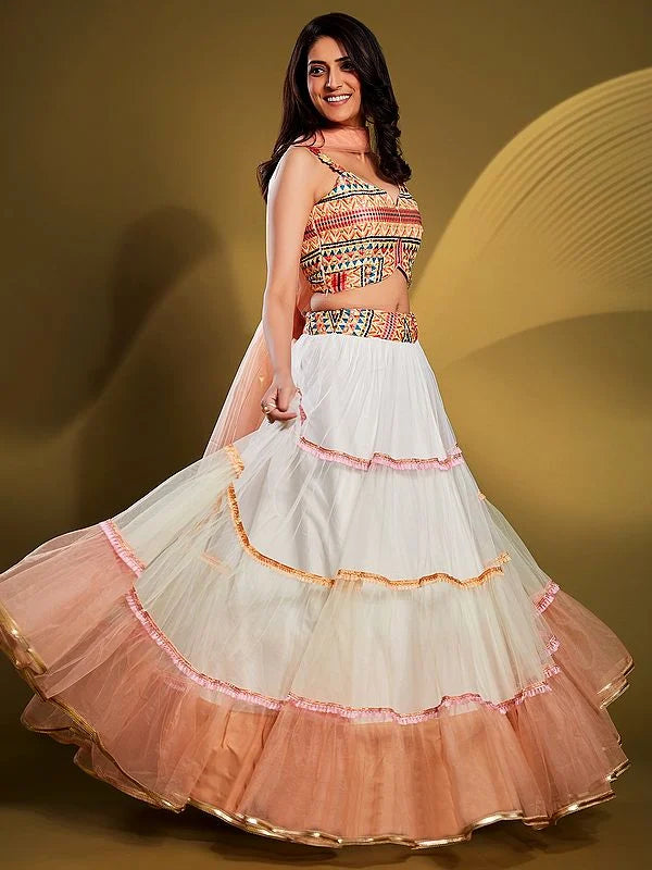 Multifaceted Melody Multi-Color Net Lehenga Set