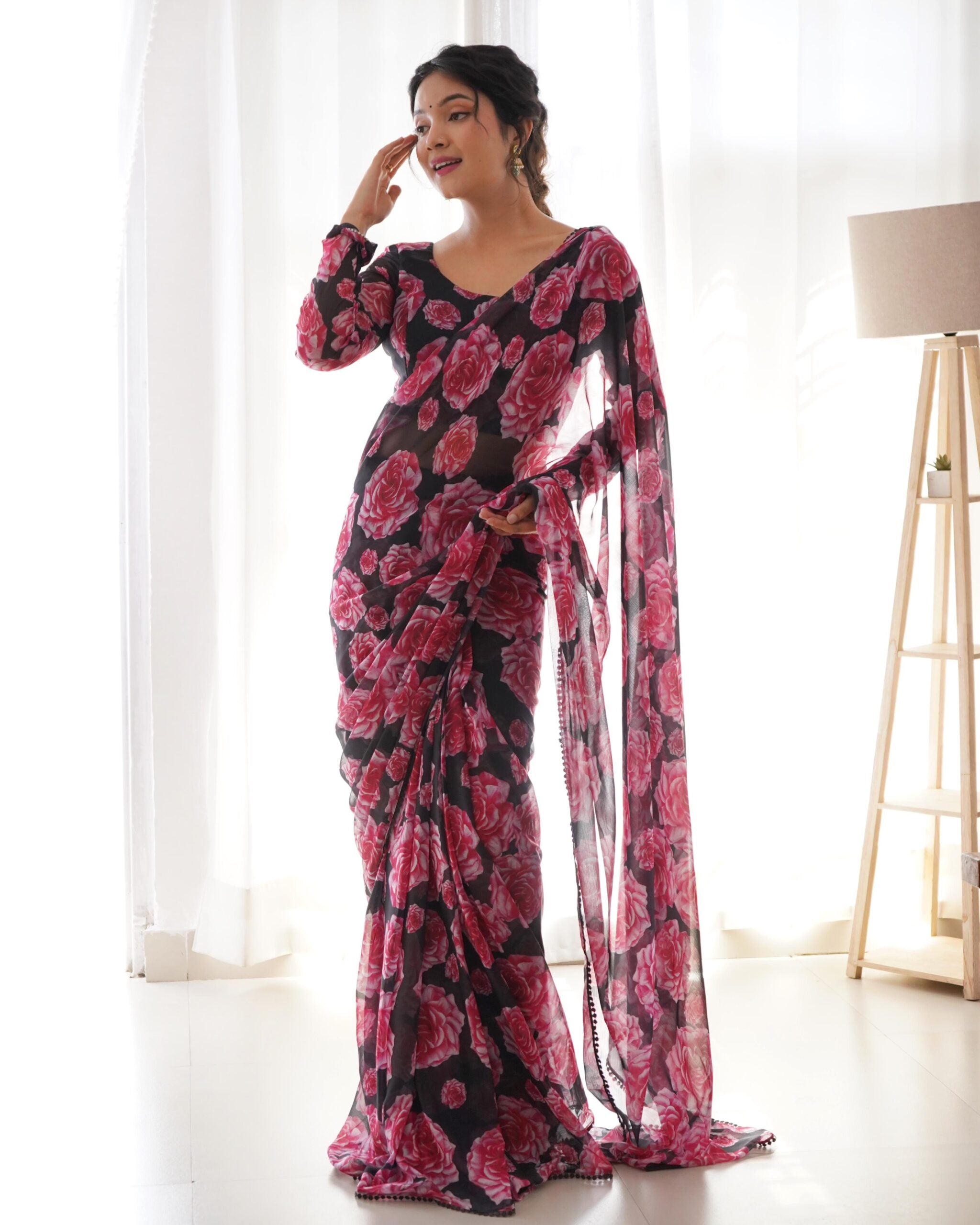 Kashmiri Rose Bliss Soft Chiffon Ready To Wear Saree