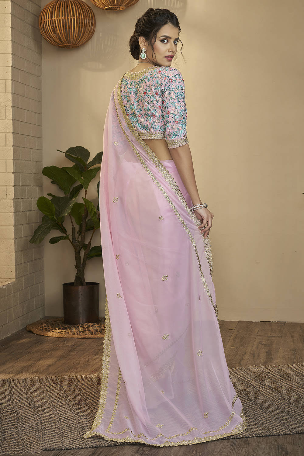 Pink Organza Resham and Sequins Saree