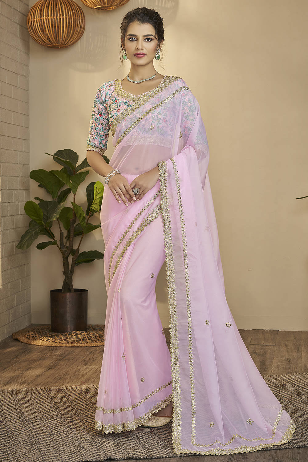 Pink Organza Resham and Sequins Saree