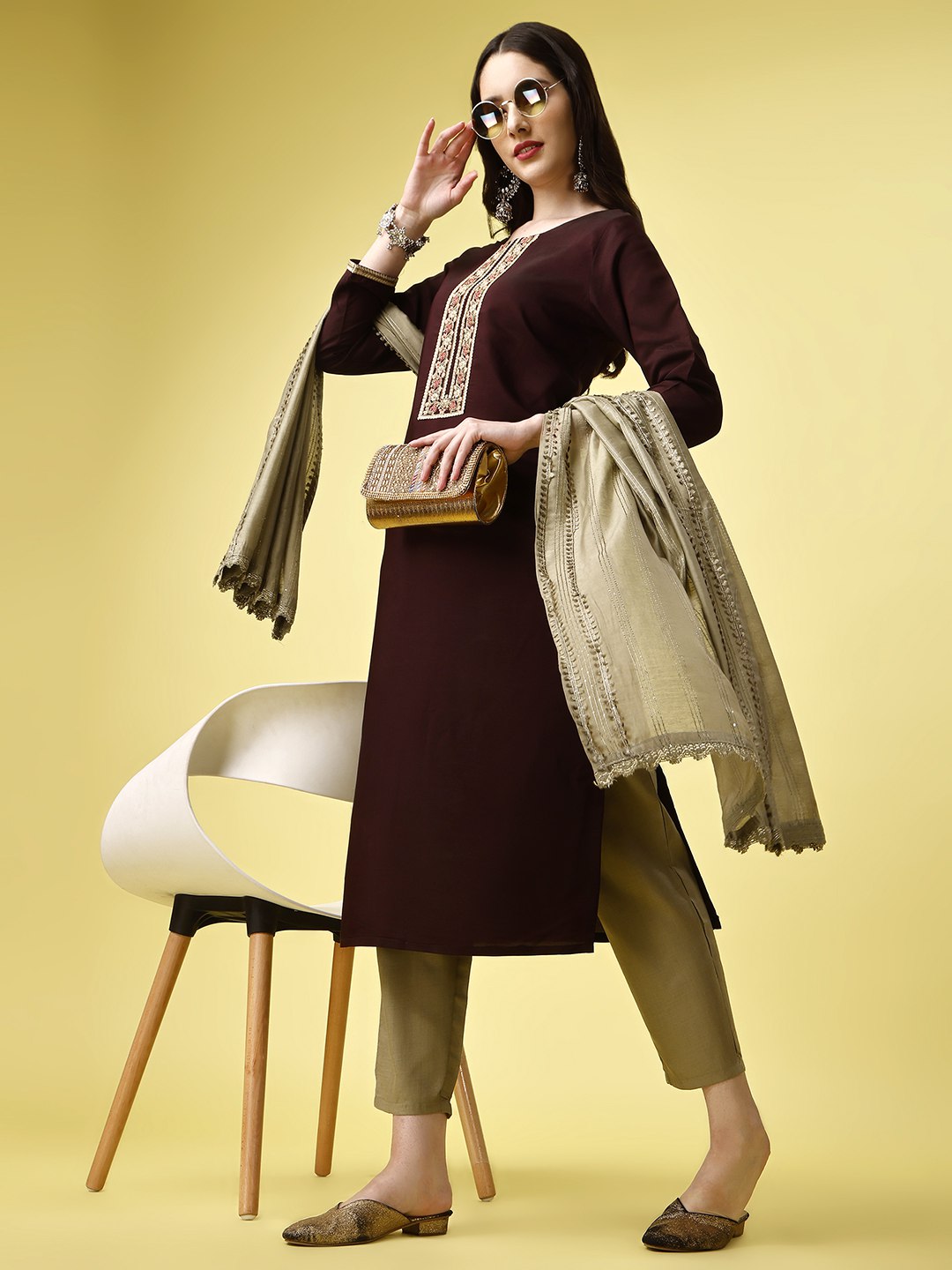 Rich Bordeaux Glamour Wine Colored Silk Blend Salwar Kameez