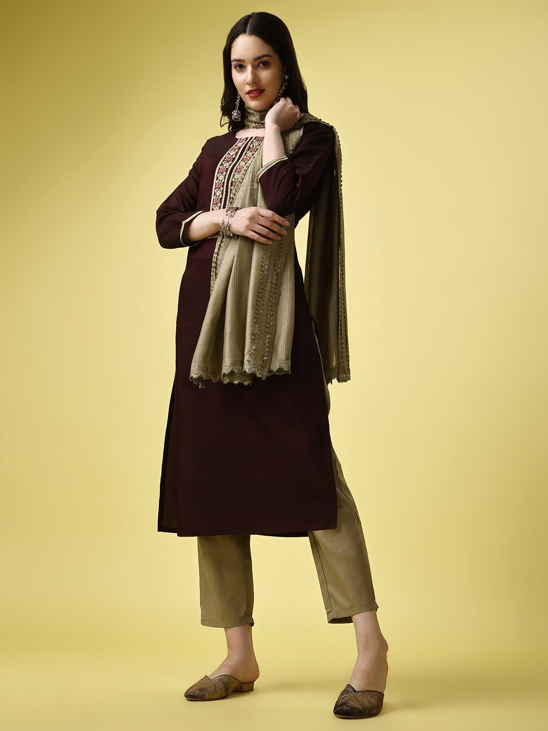 Rich Bordeaux Glamour Wine Colored Silk Blend Salwar Kameez