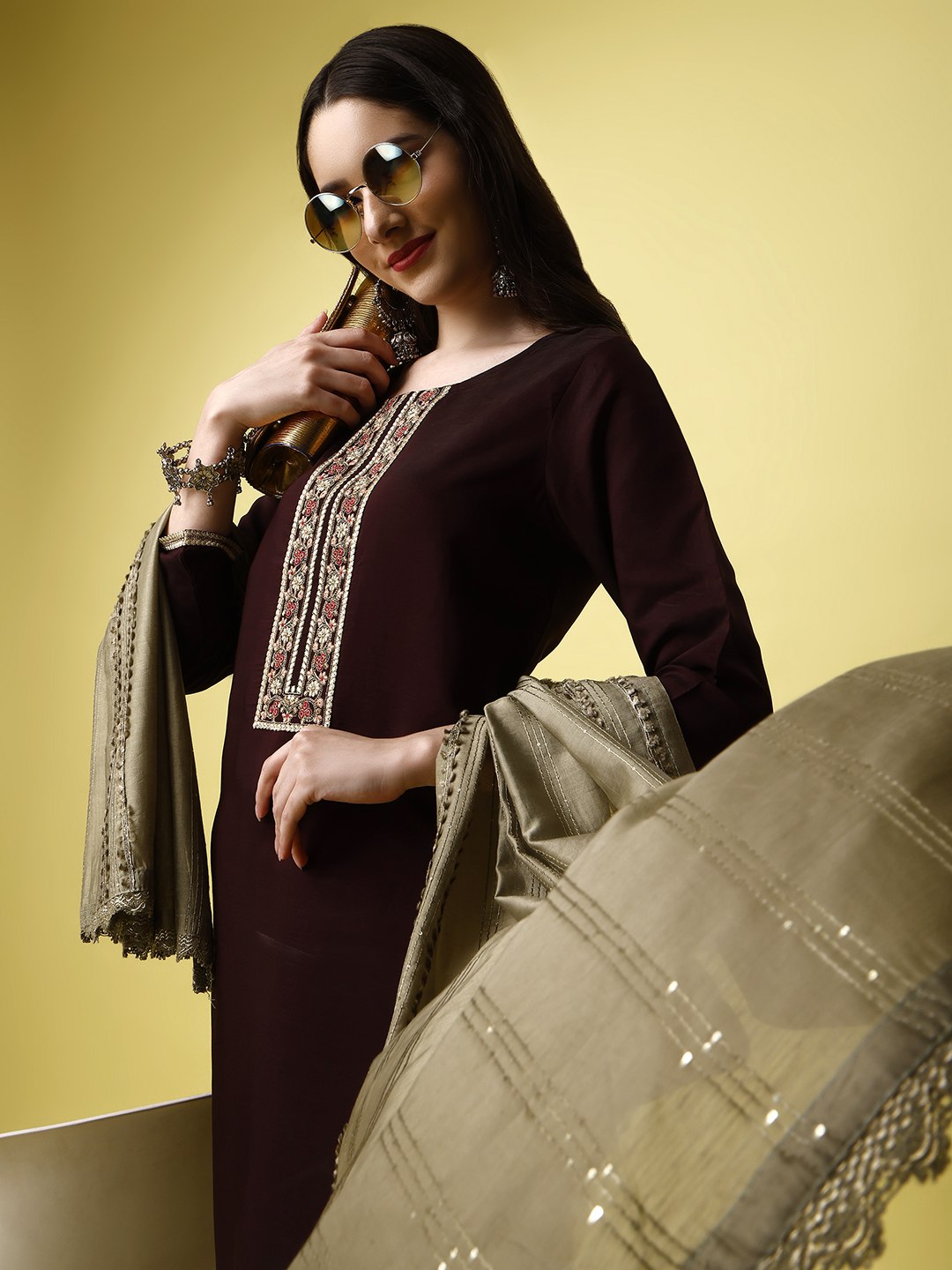 Rich Bordeaux Glamour Wine Colored Silk Blend Salwar Kameez