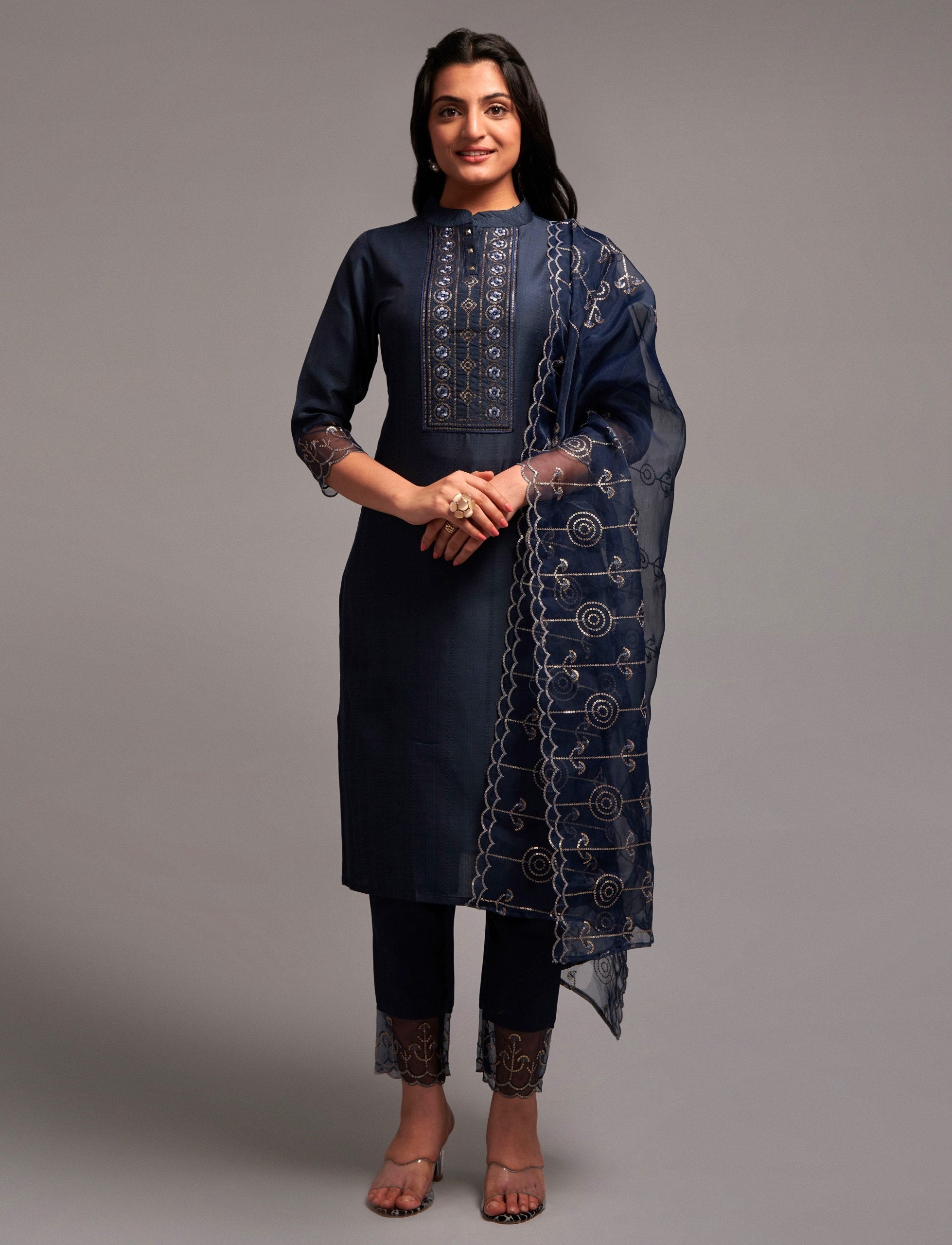 Tranquil Tides Glamour Teal Chinon Silk Salwar Suit