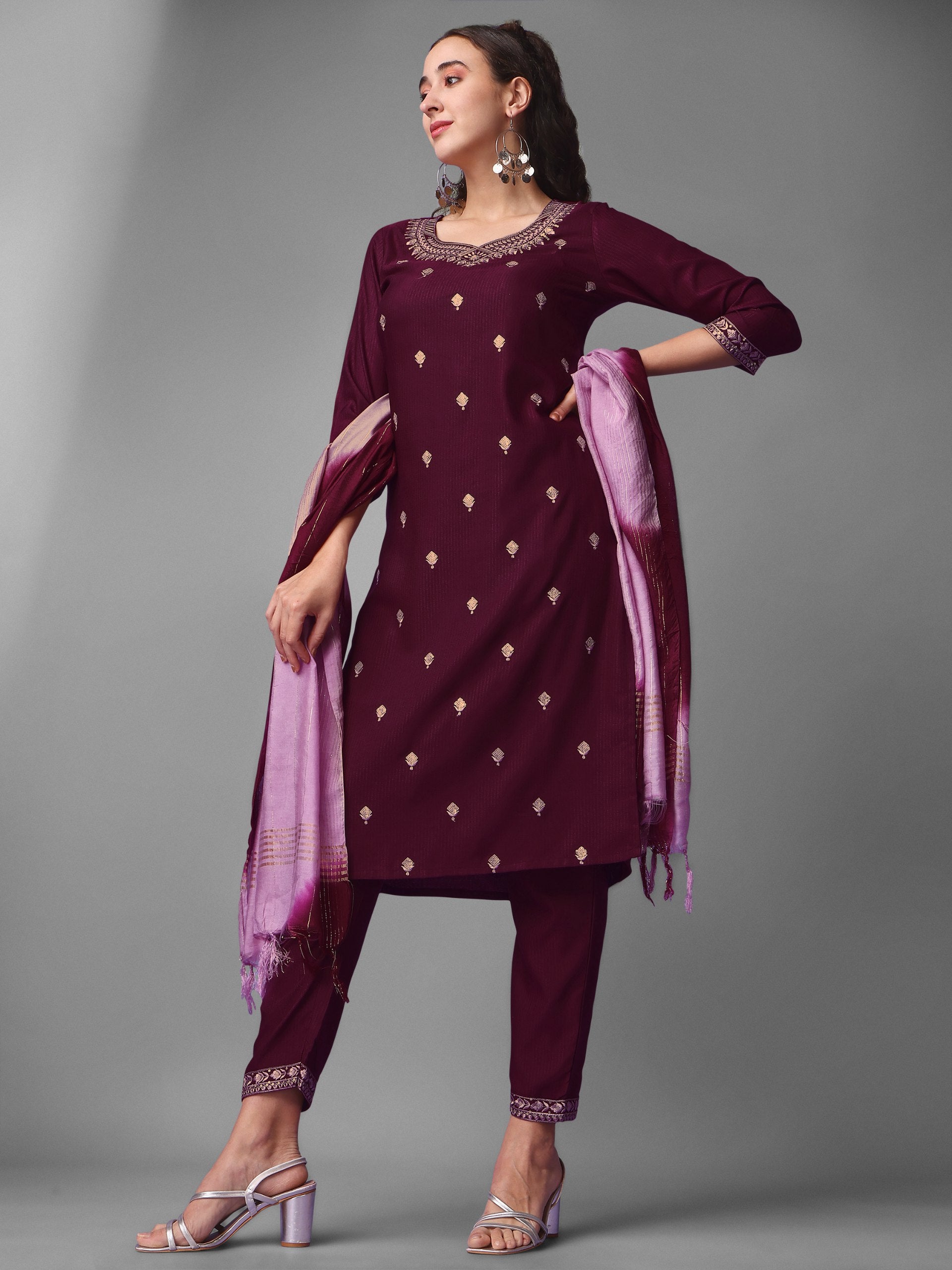 Luxe Claret Enchantment Sequined Wine Rayon Salwar Kameez