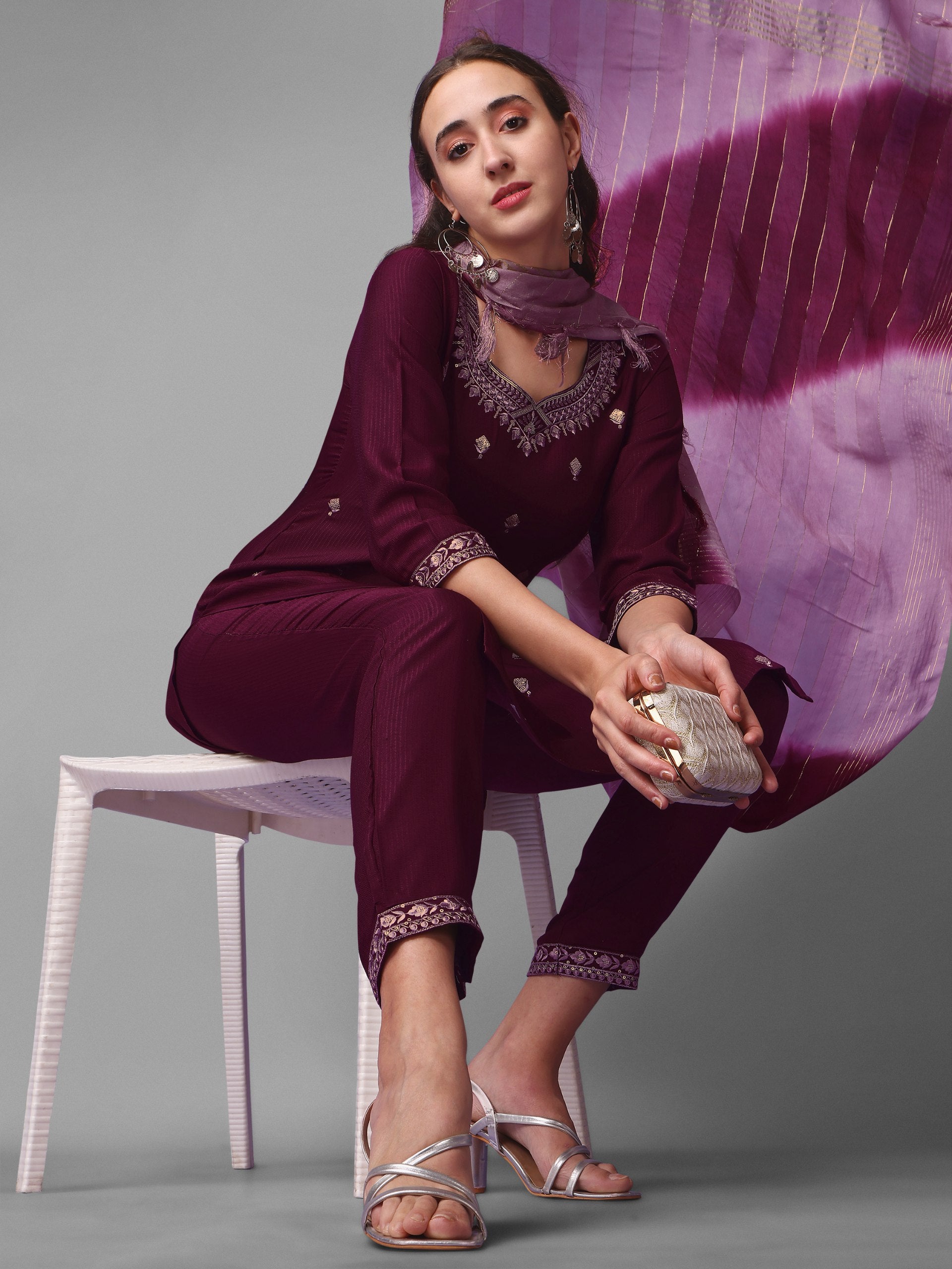 Luxe Claret Enchantment Sequined Wine Rayon Salwar Kameez