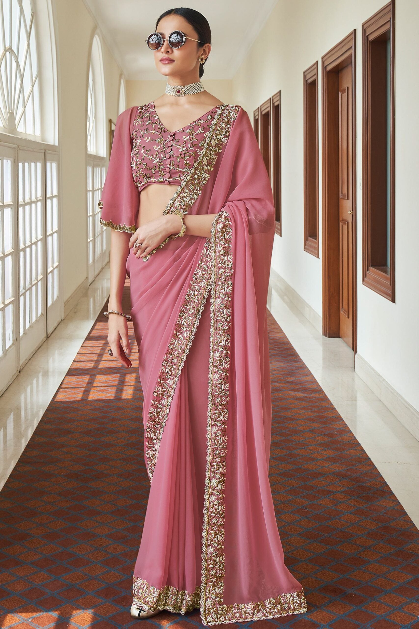 Georgette Pink Pearl Symphony Zari Dazzle Saree