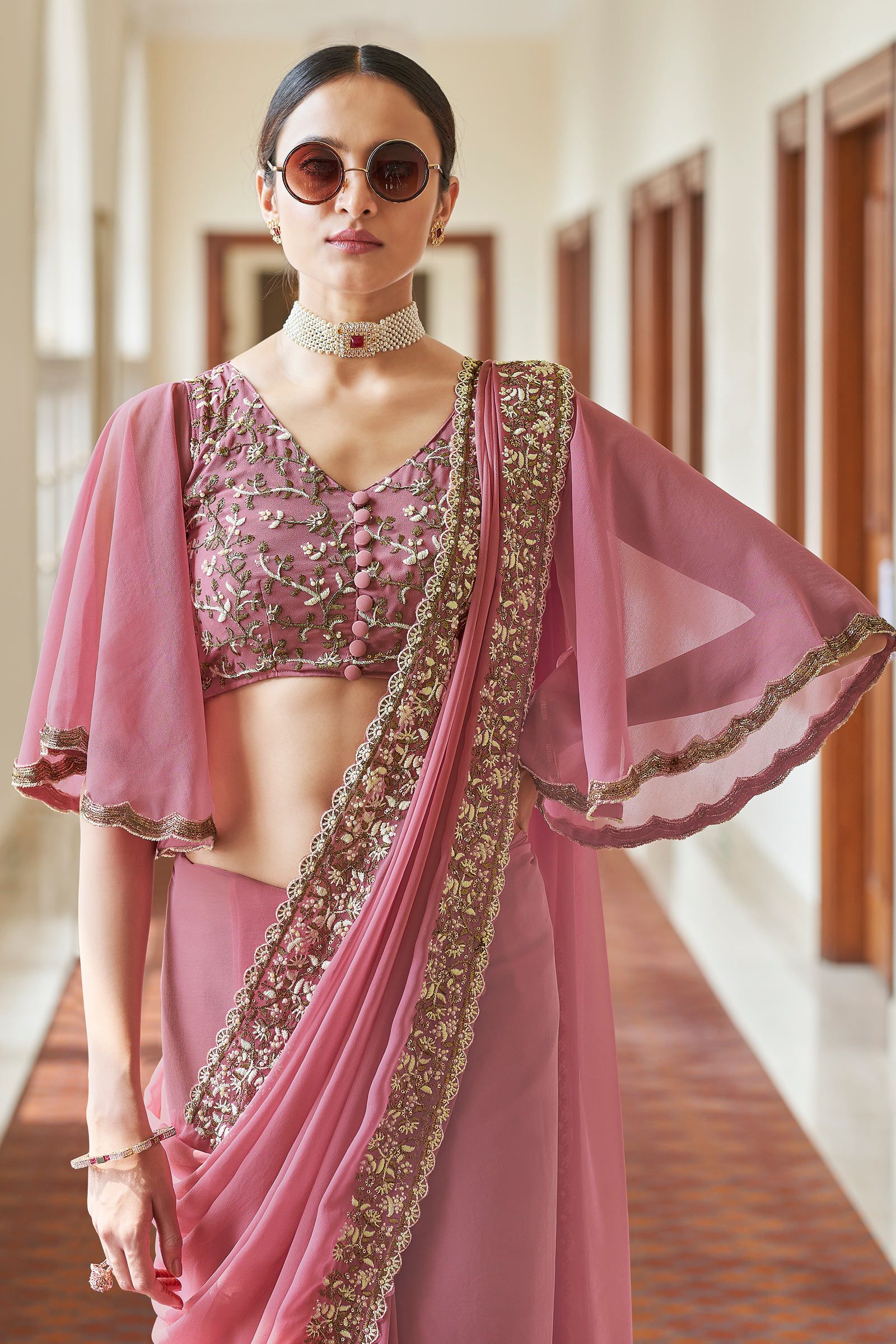Georgette Pink Pearl Symphony Zari Dazzle Saree
