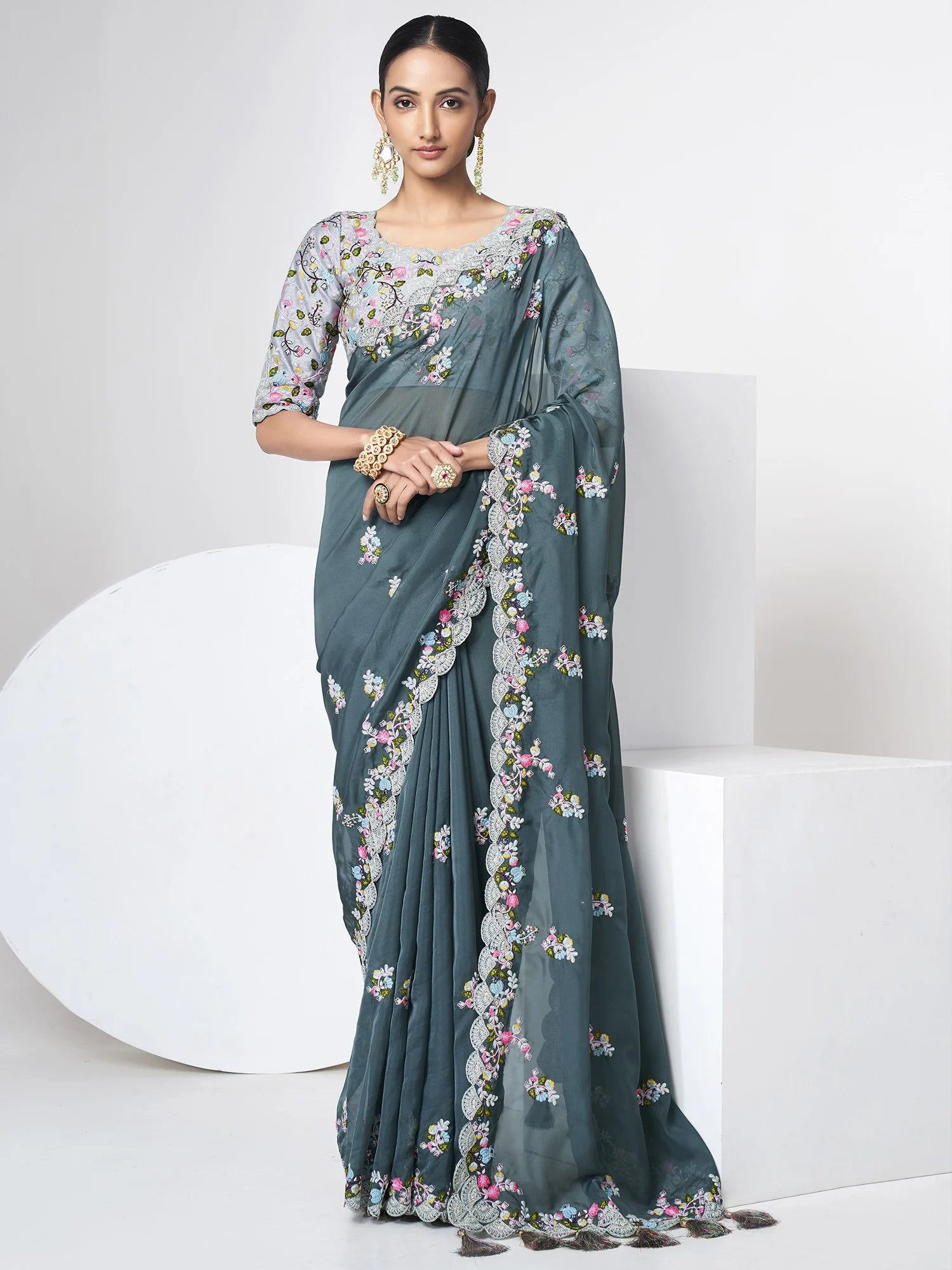 Green Organza Party Saree with Shimmering Sequins