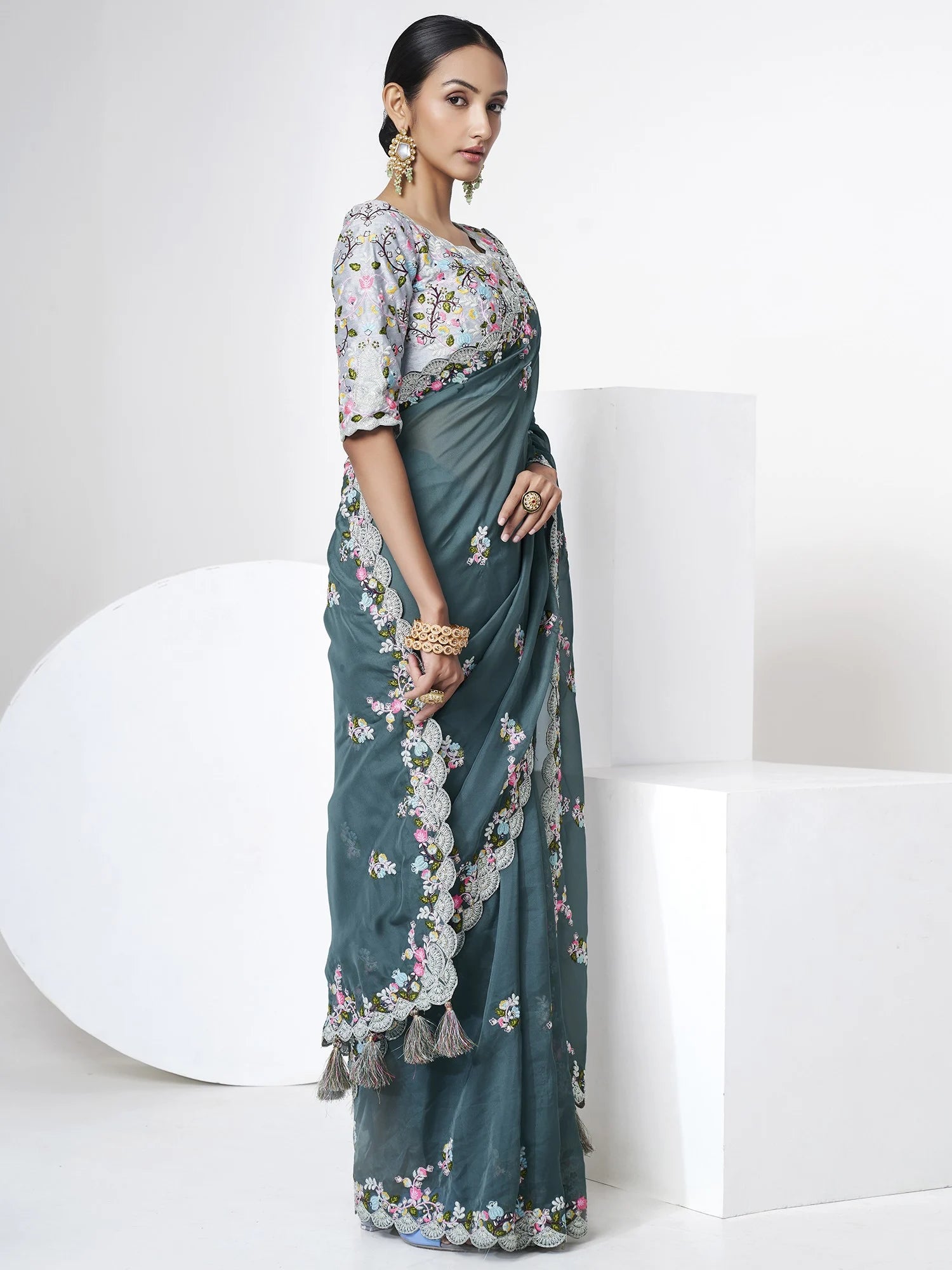 Green Organza Party Saree with Shimmering Sequins