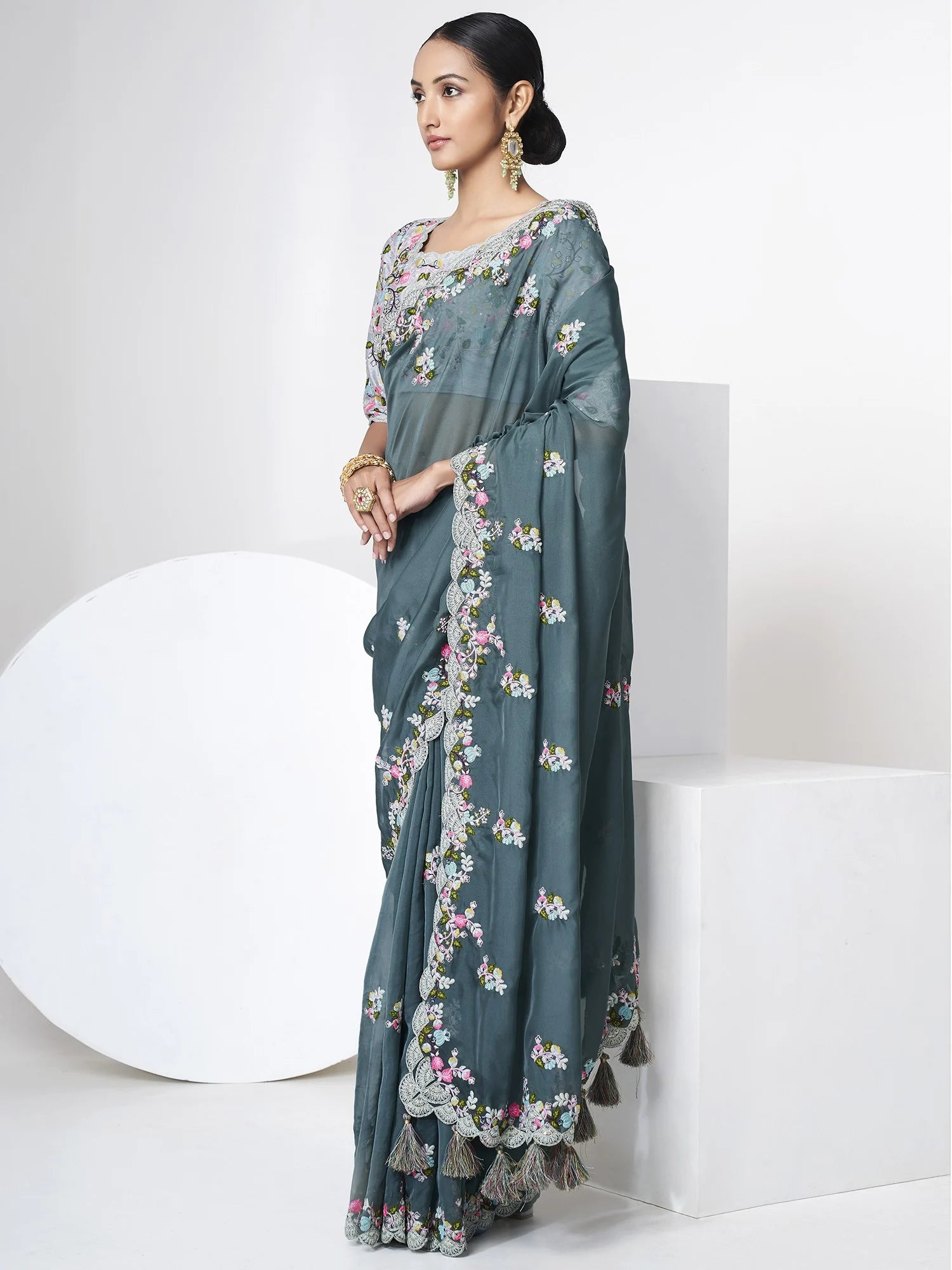 Green Organza Party Saree with Shimmering Sequins