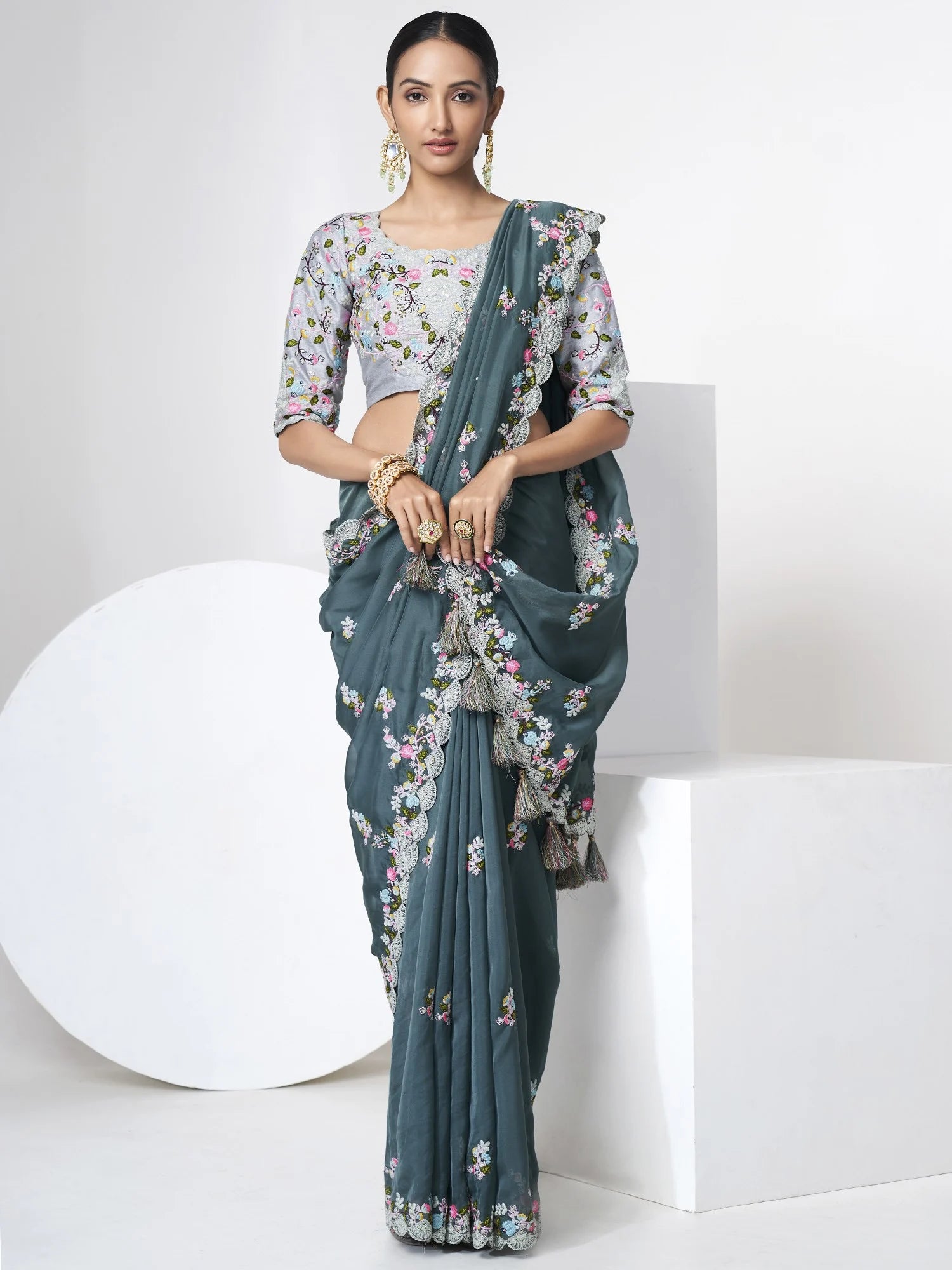 Green Organza Party Saree with Shimmering Sequins