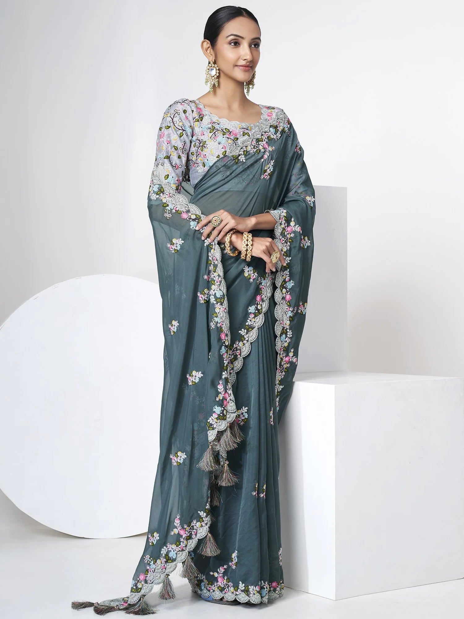 Green Organza Party Saree with Shimmering Sequins