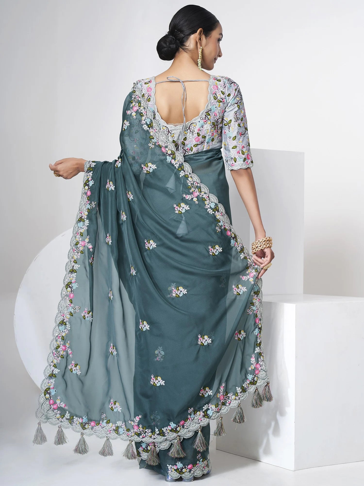 Green Organza Party Saree with Shimmering Sequins