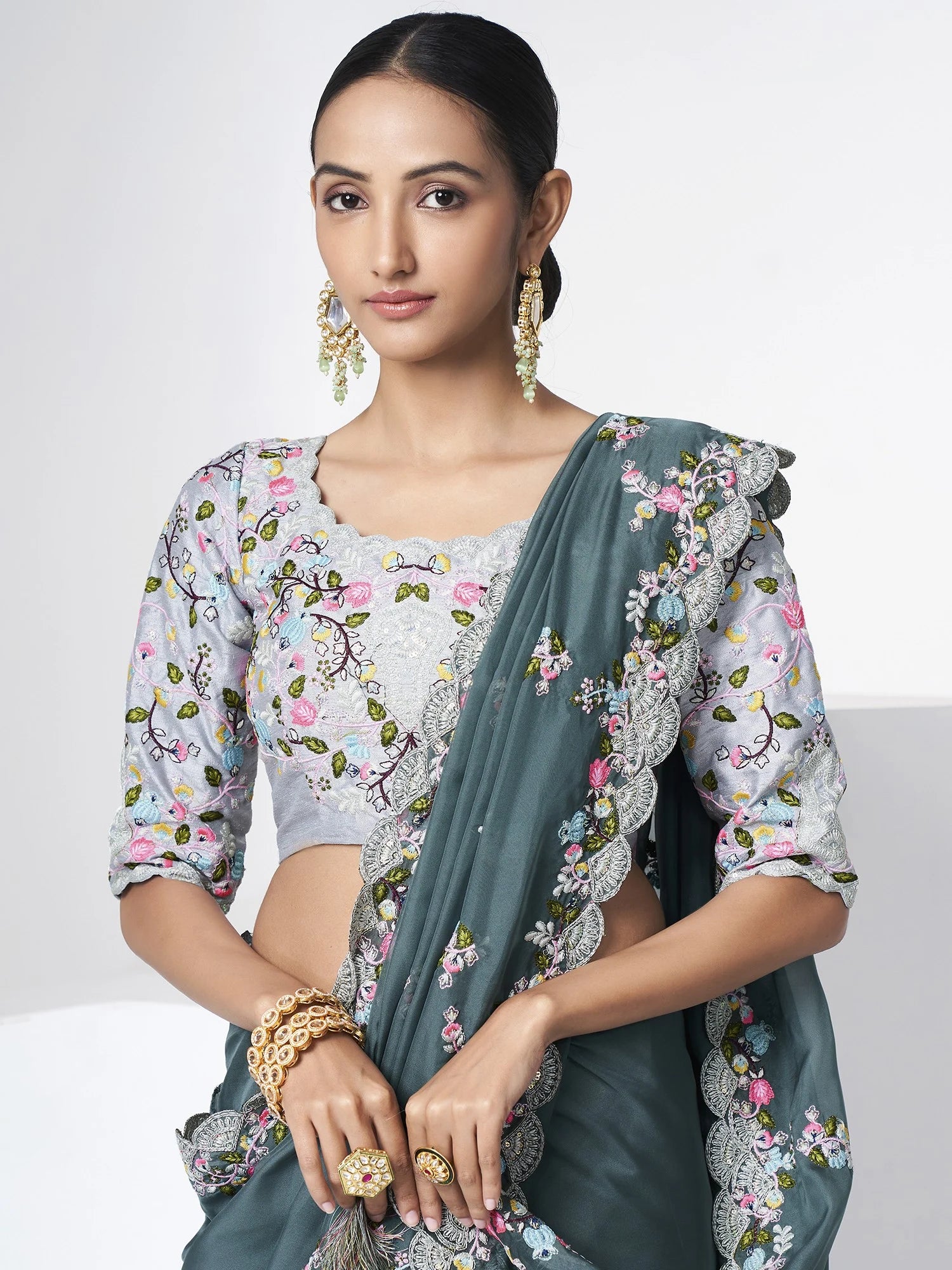 Green Organza Party Saree with Shimmering Sequins