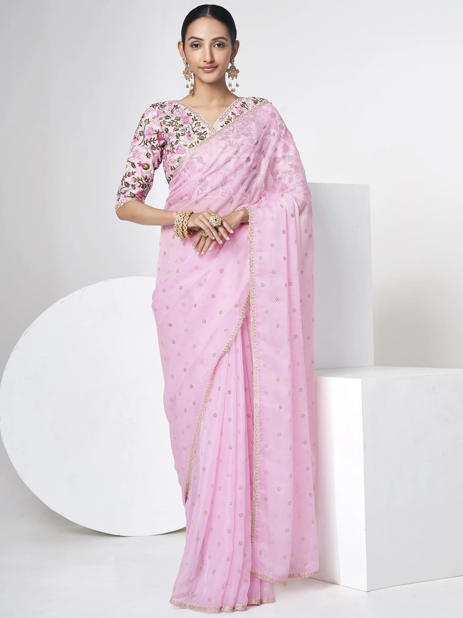 Pink Organza Saree with Sparkling Resham and Sequins