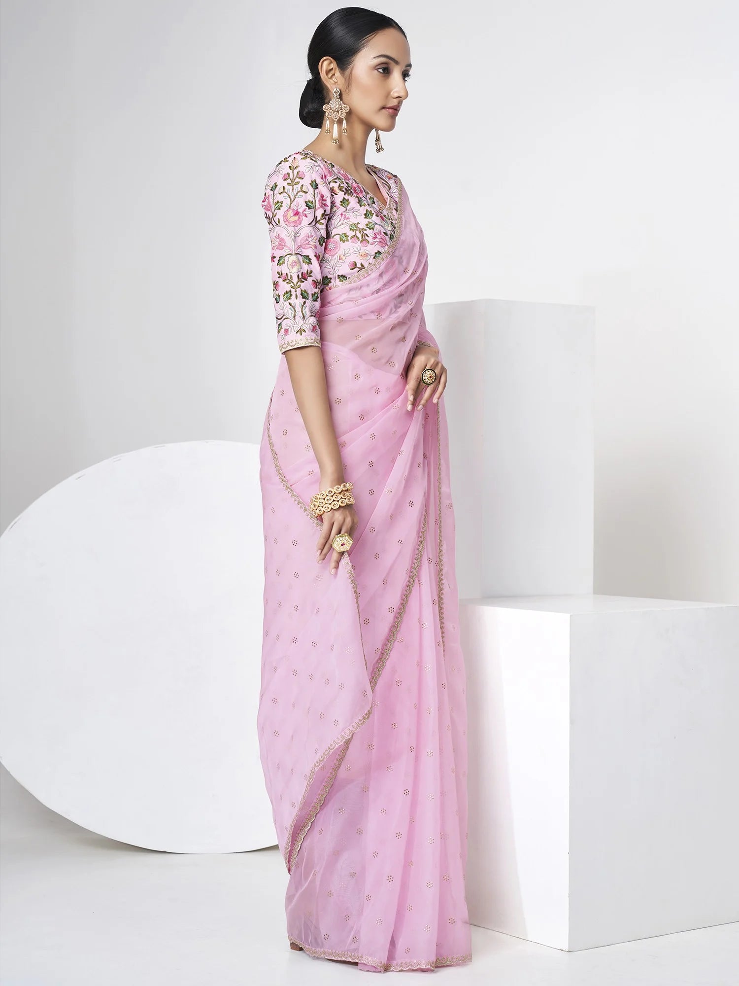 Pink Organza Saree with Sparkling Resham and Sequins