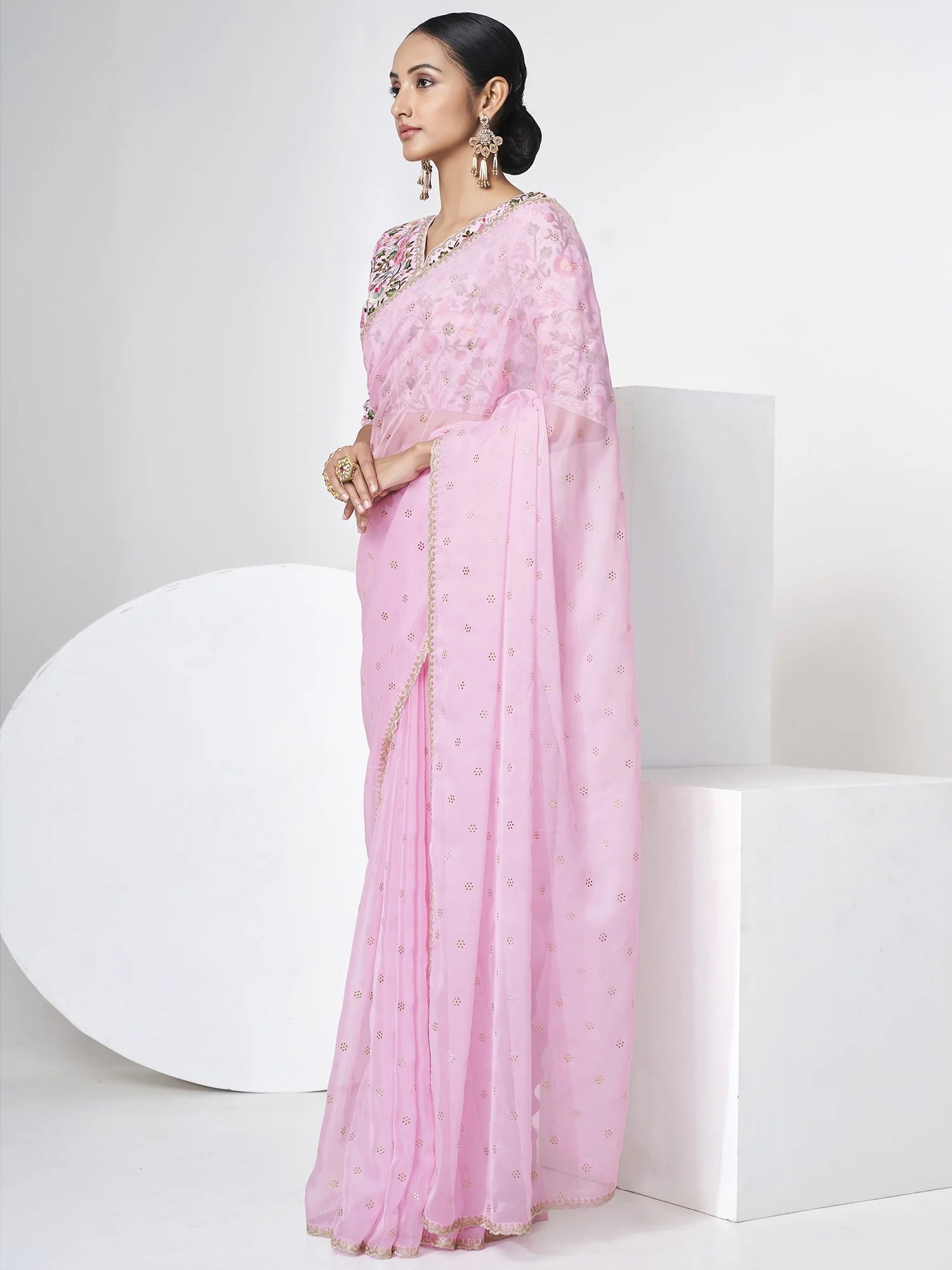 Pink Organza Saree with Sparkling Resham and Sequins