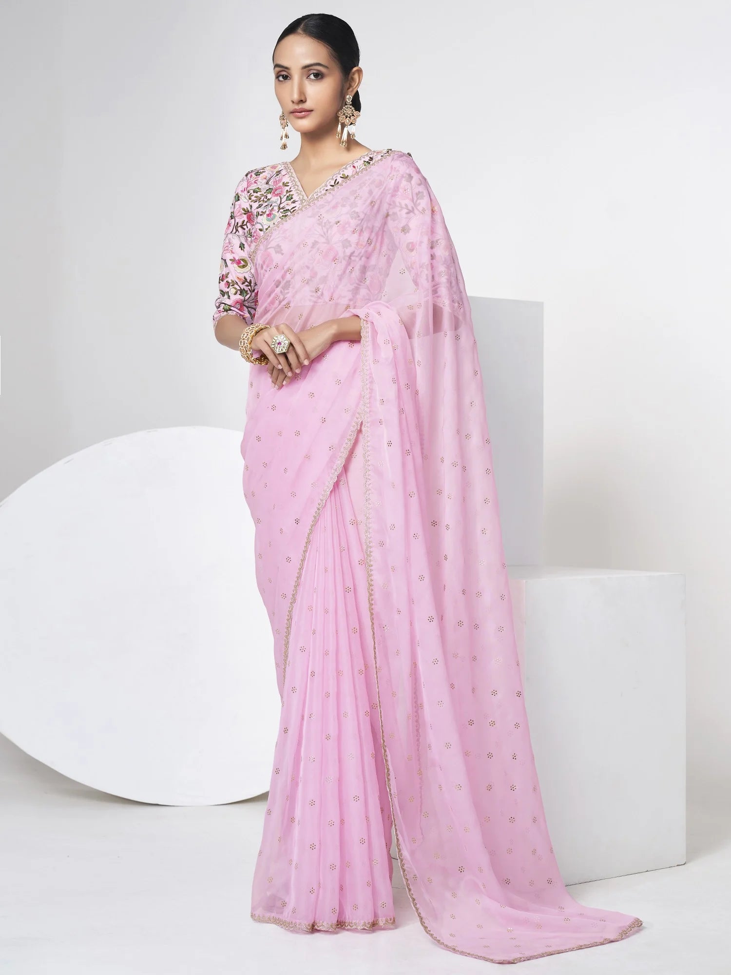 Pink Organza Saree with Sparkling Resham and Sequins