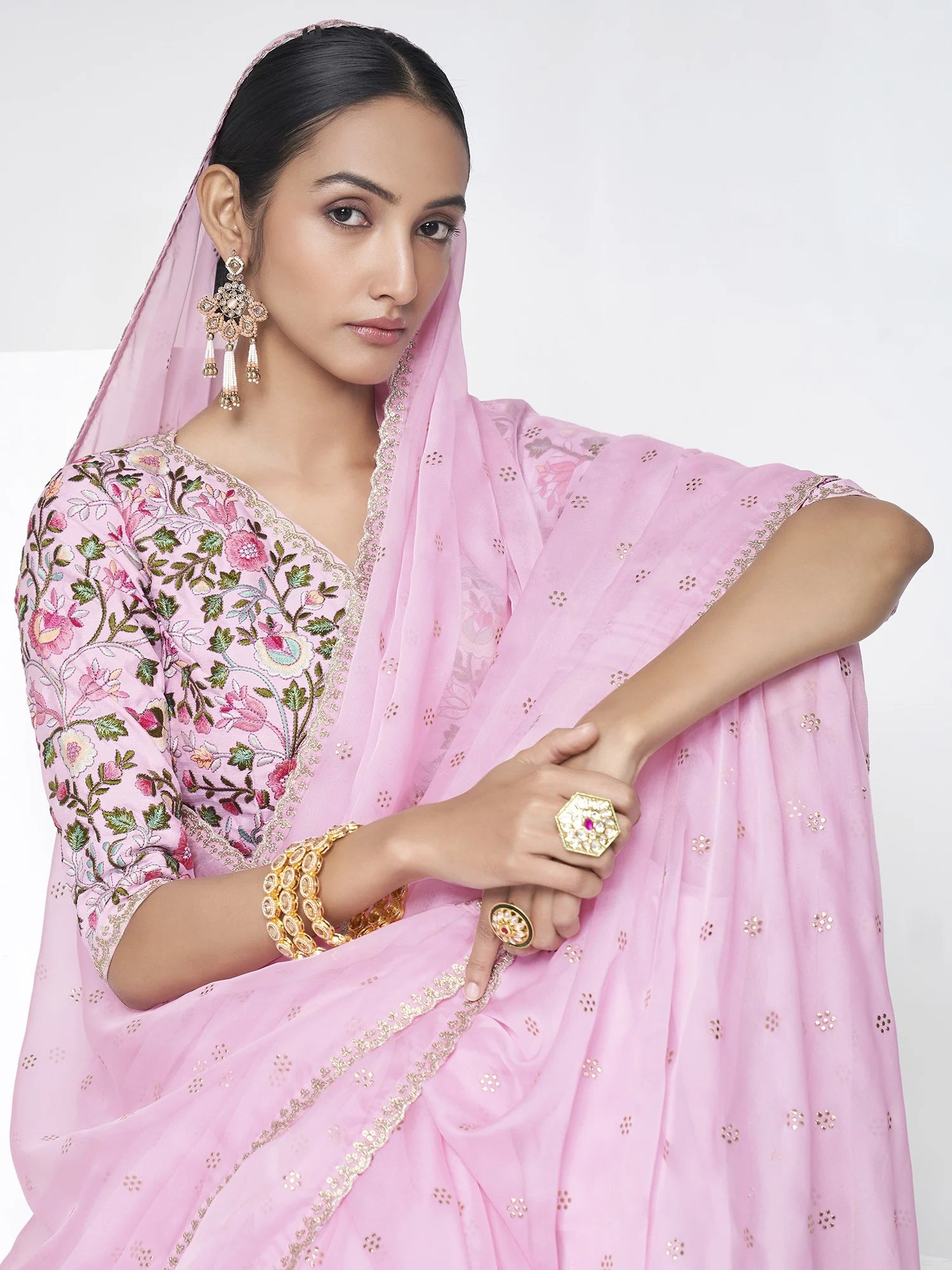 Pink Organza Saree with Sparkling Resham and Sequins