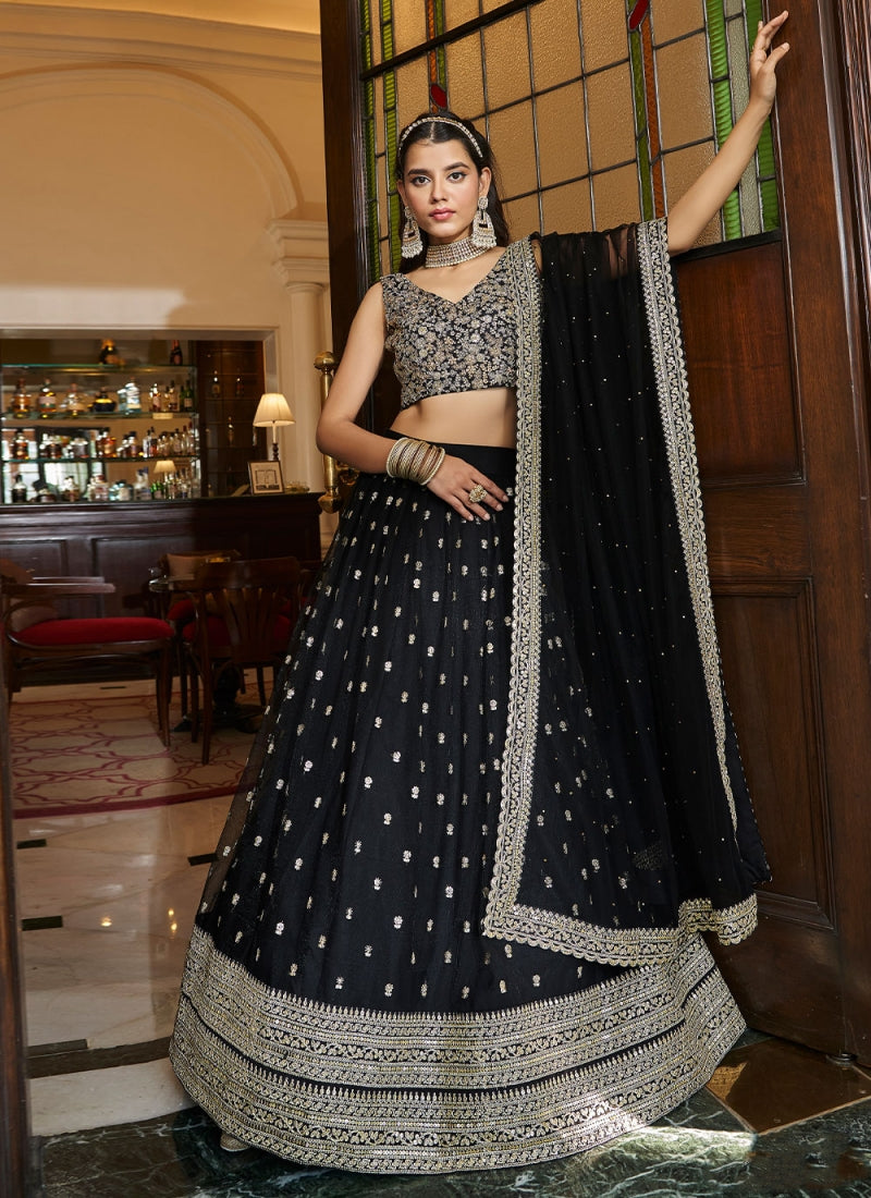 Shimmering Zari Festive Black Net Sequins Work Lehenga