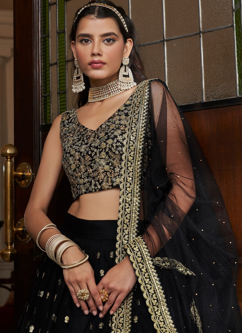 Shimmering Zari Festive Black Net Sequins Work Lehenga