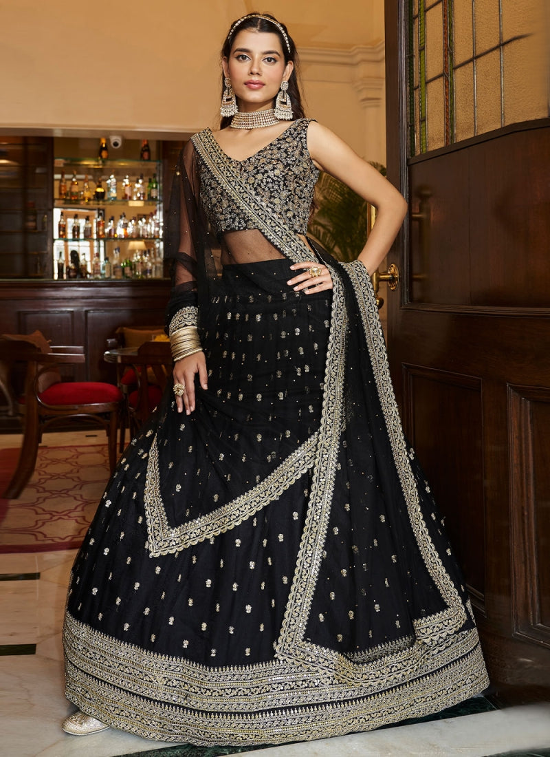 Shimmering Zari Festive Black Net Sequins Work Lehenga